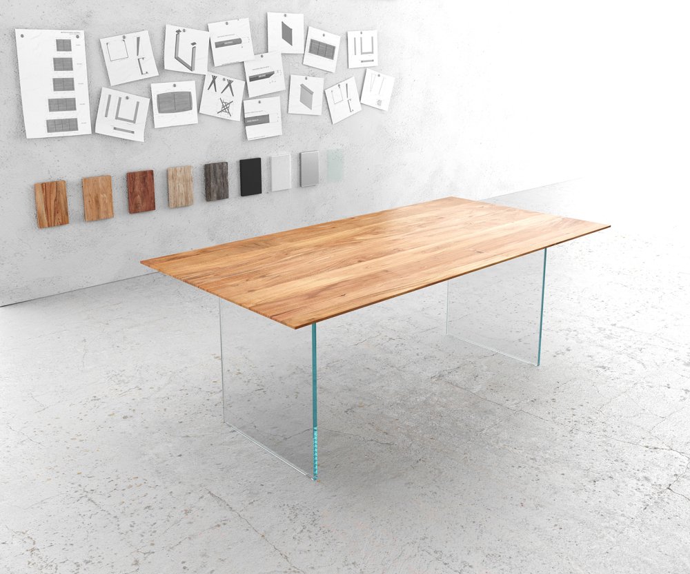 Jedálenský stôl Edge 200x100 cm prírodná akáciová sklenená podnož