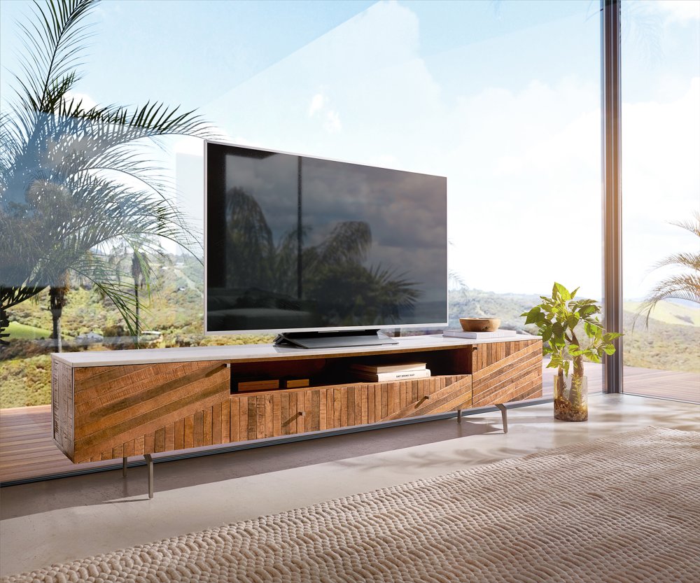 TV stolík Bahan 220 cm mango teak 2 dvierka 2 zásuvky 1 priehradka
