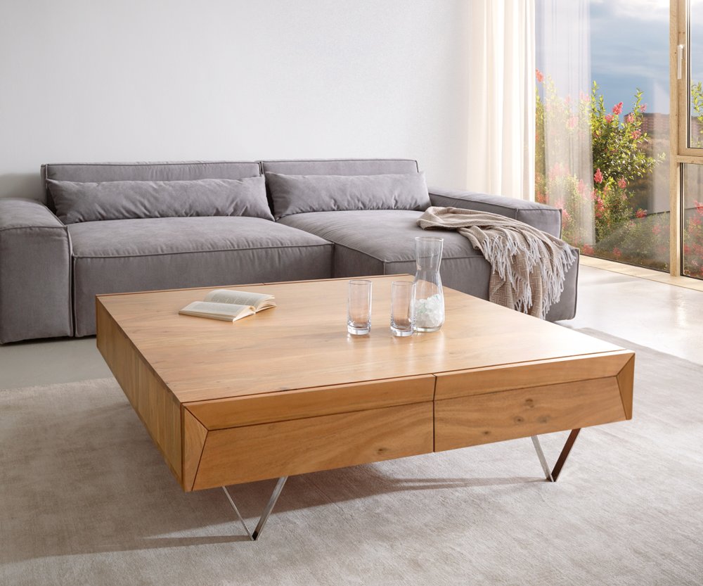 Konferenční stolek Kayu 115x115x40 cm přírodní akácie 4 zásuvky