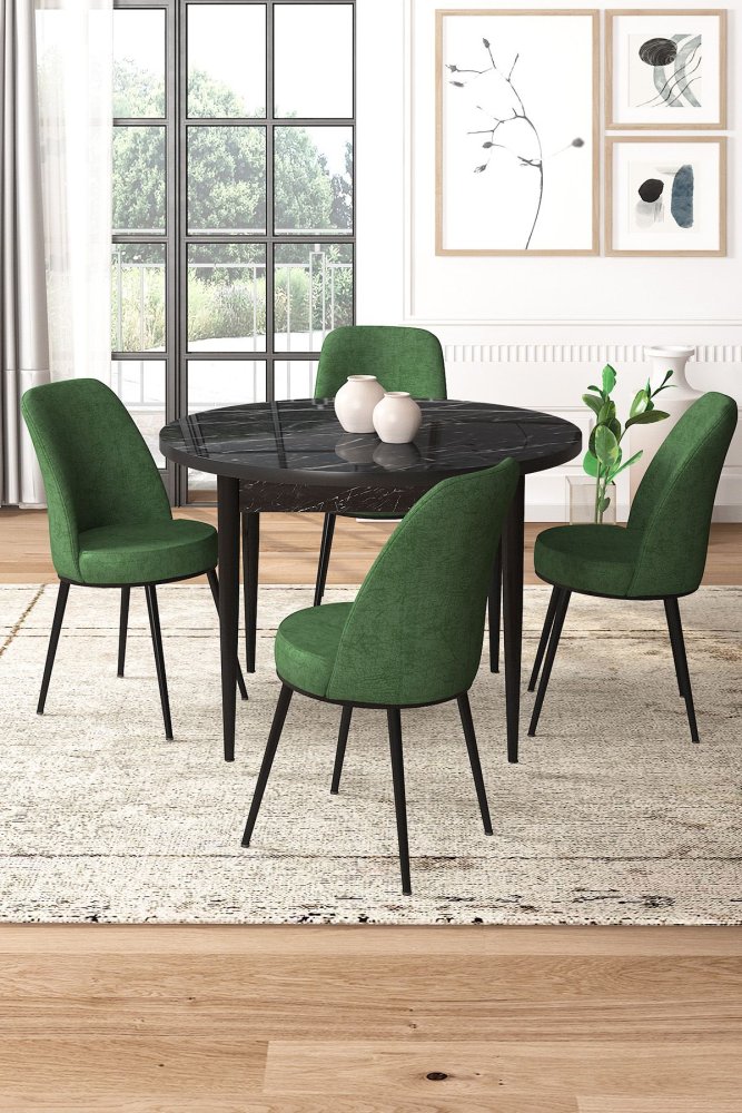 Dining Table & Chairs Set (5 Pieces) Tor - Black Marble, Khaki