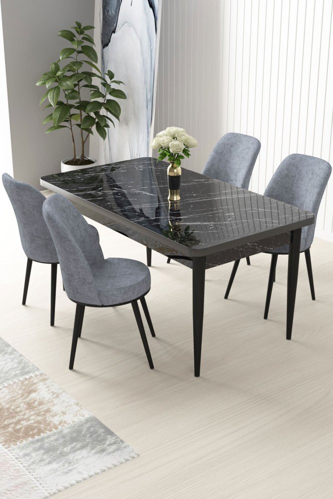 Dining Table & Chairs Set (5 Pieces) Nil - Black Marble, Grey