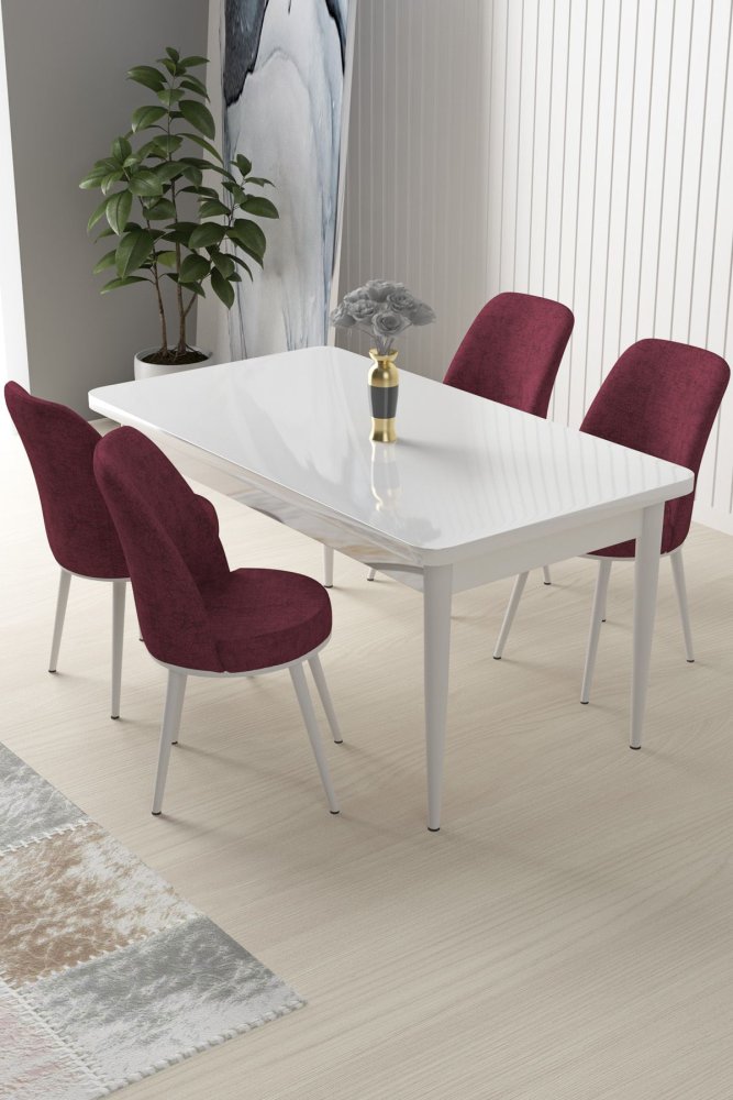 Dining Table & Chairs Set (5 Pieces) Nil - White, Burgundy