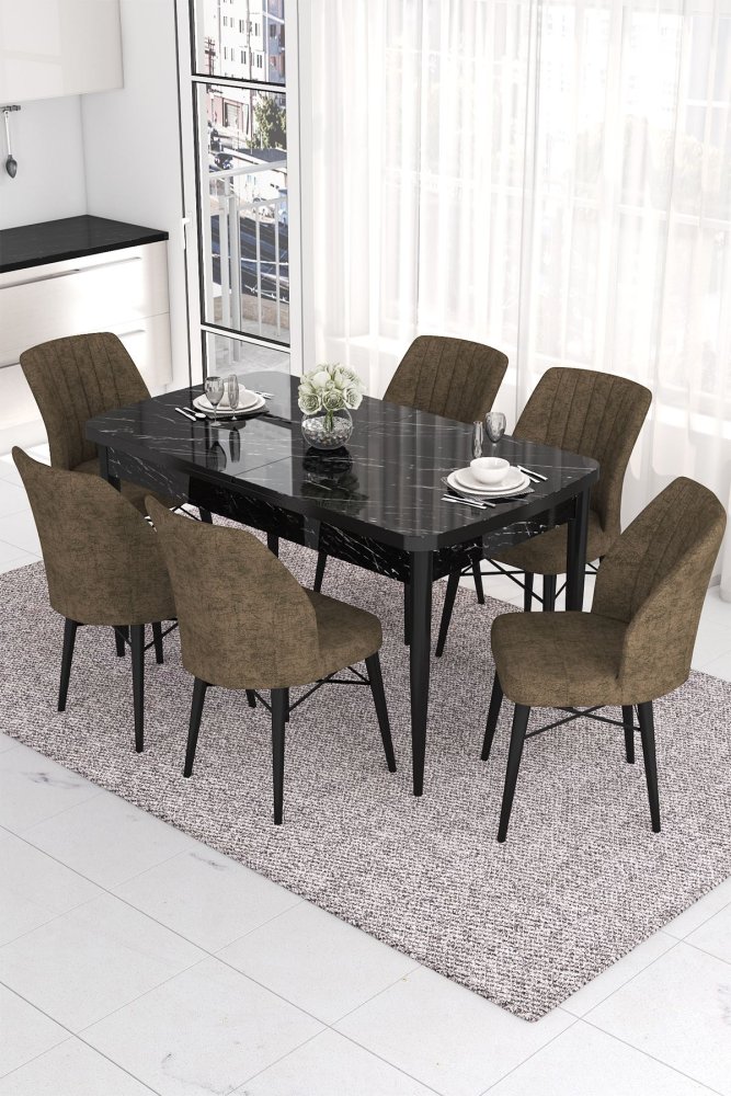Extendable Dining Table & Chairs Set (7 Pieces) Eva - Black Marble, Brown