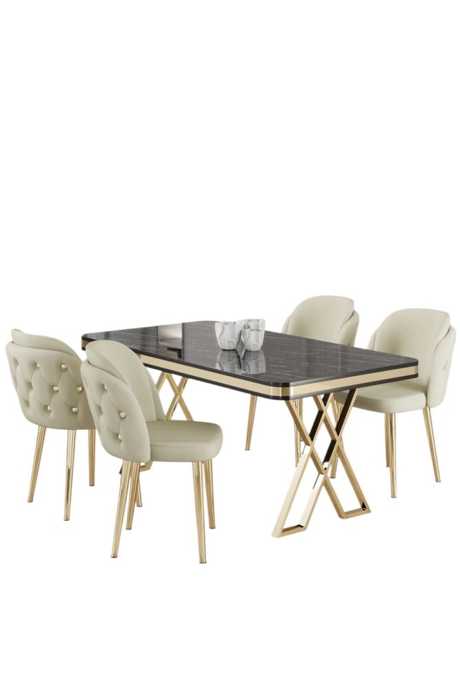 Dining Table & Chairs Set (5 Pieces) Rigel - Black Marble, Gold, Cream (obrázek 2)
