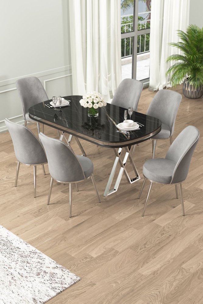 Dining Table & Chairs Set (7 Pieces) Lai - Black Marble, Chrome, Grey