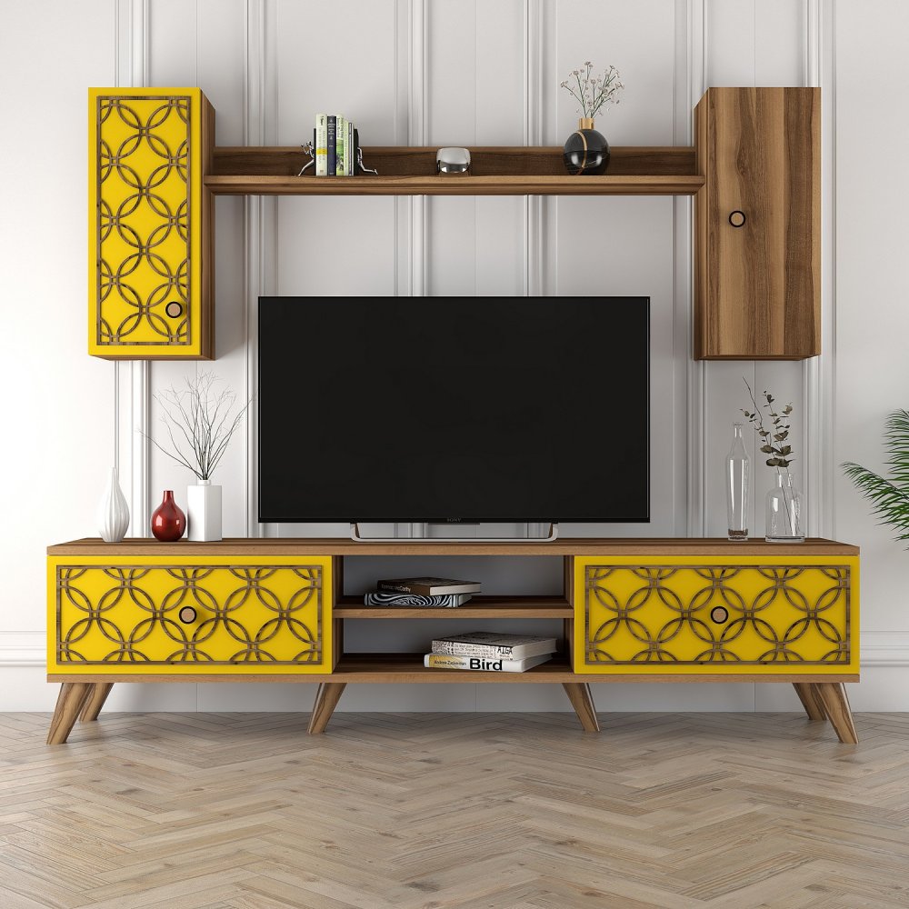 TV stěna / Sestava pod TV Class S - Walnut, Yellow (obrázek 4)