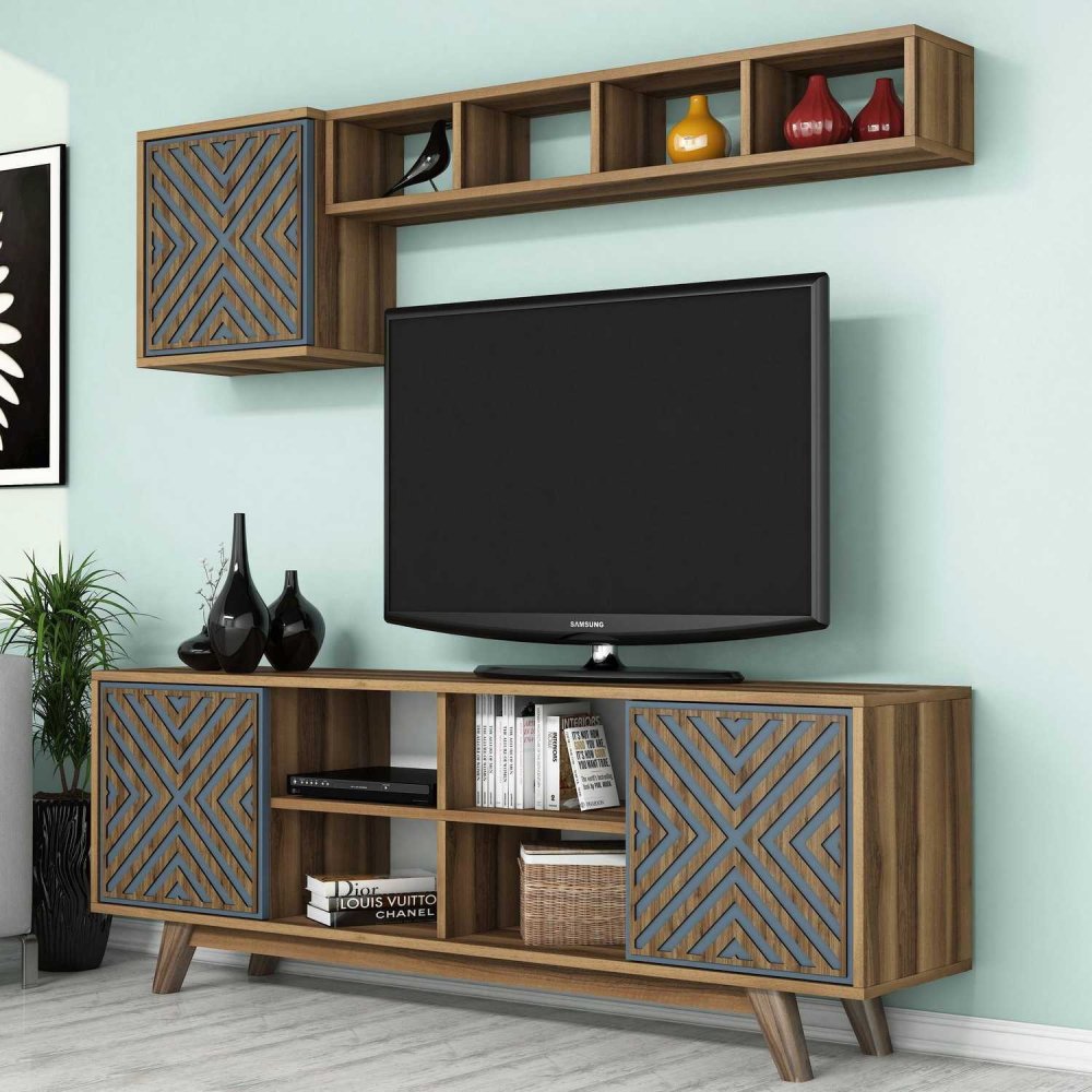 TV skrinka / Obývacia stena Inci - Walnut, Blue
