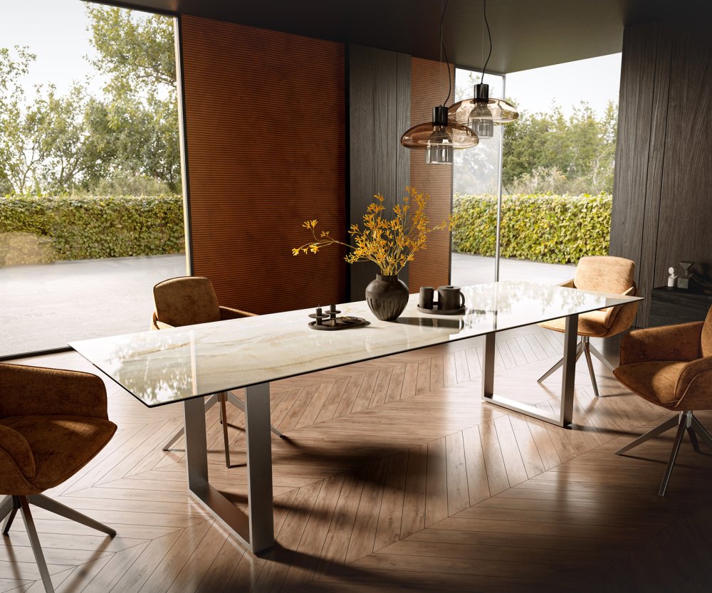 Jedálenský stôl Edge 300x100 keramika Laminam® Onice Oro nerezová oceľ