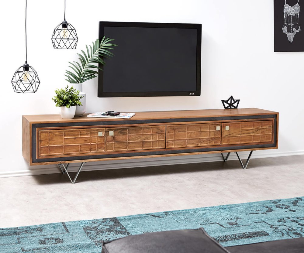 TV stolík Stonegrace 200 cm prírodná akácia 3D 4 dvierka