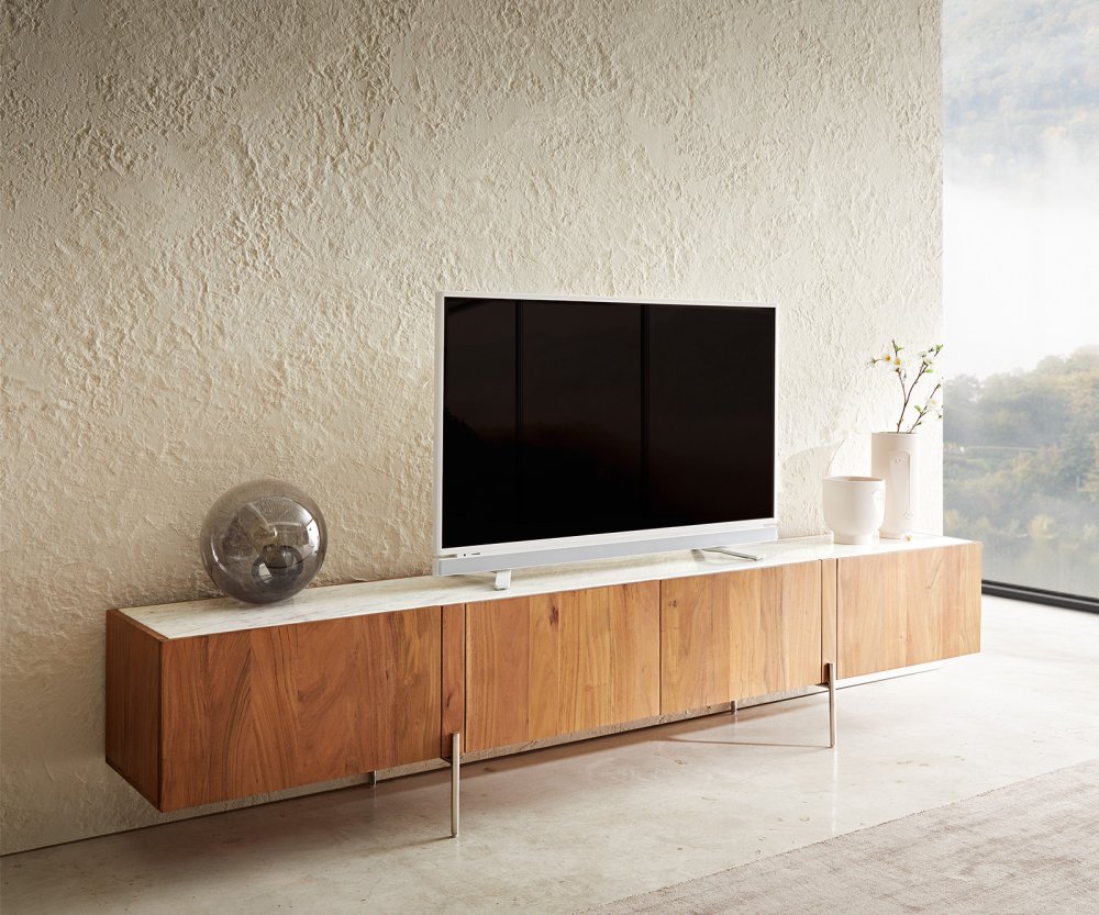 TV stolík Secara 220 cm prírodná akácia 4 dvierka mramorový podstavec