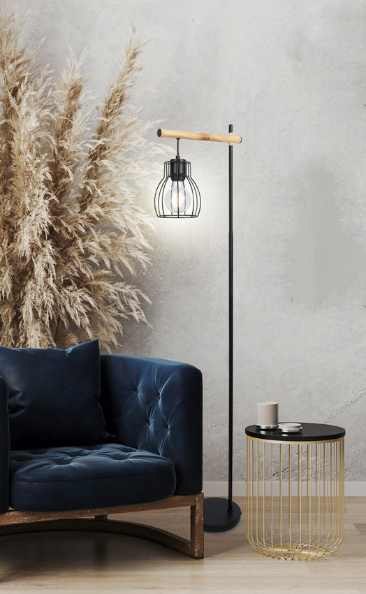 Stojaca lampa čierna s oceľovým košovým tienidlom Bernita