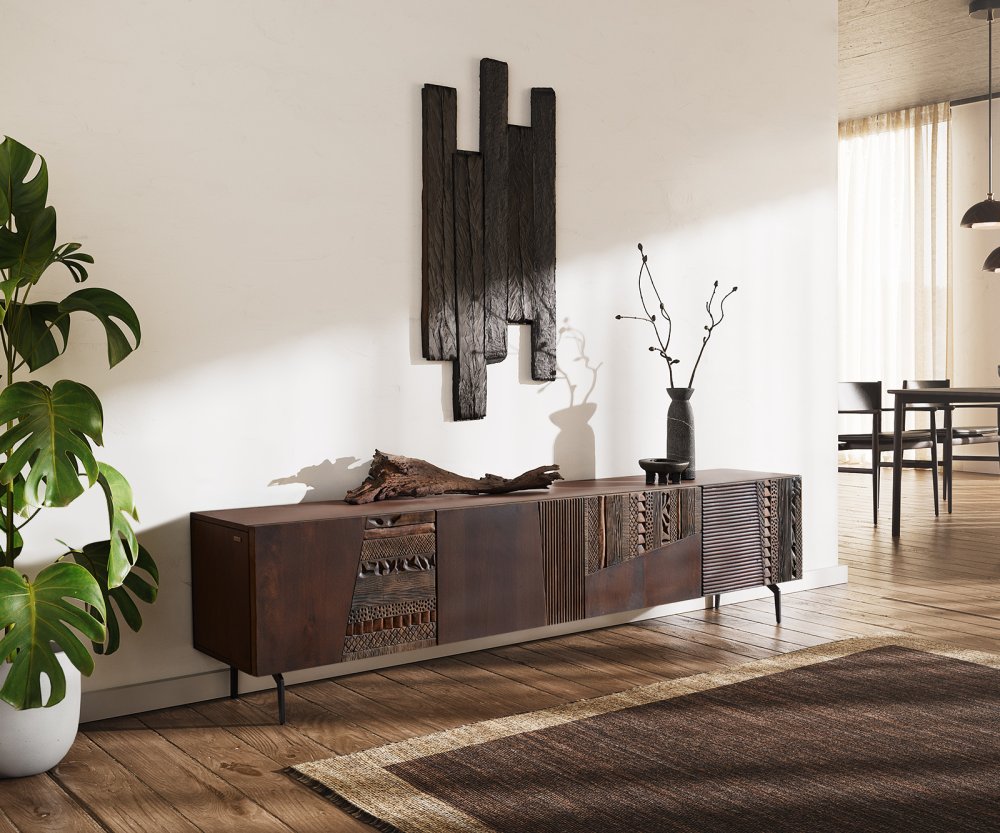 TV stolek Imara 200 cm mango hnědá 4 dvířka podnož ve tvaru