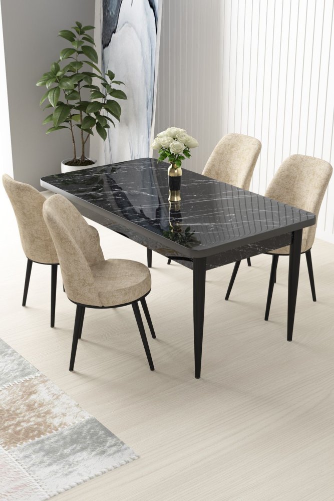 Dining Table & Chairs Set (5 Pieces) Nil - Black Marble, Cream
