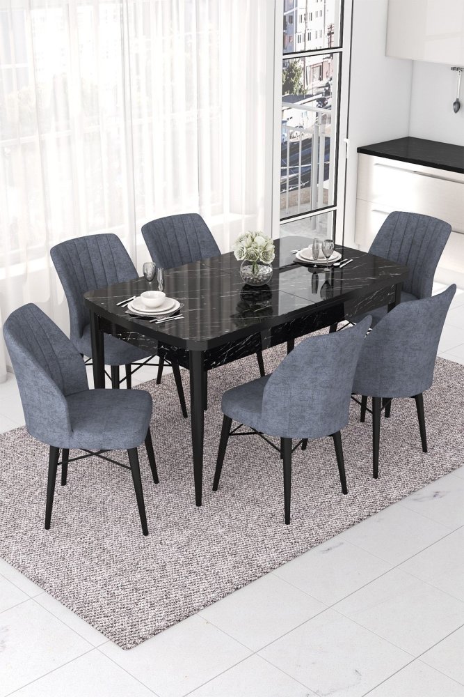 Extendable Dining Table & Chairs Set (7 Pieces) Nef - Black Marble, Fume