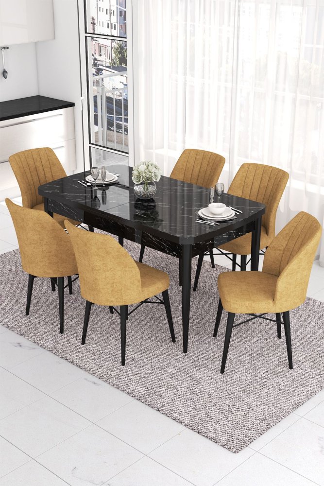 Extendable Dining Table & Chairs Set (7 Pieces) Eva - Black Marble, Cappuccino