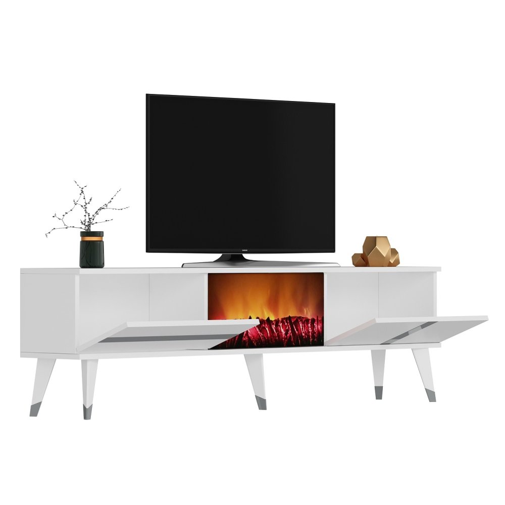 TV stolík Vania Fireplace - White, Silver