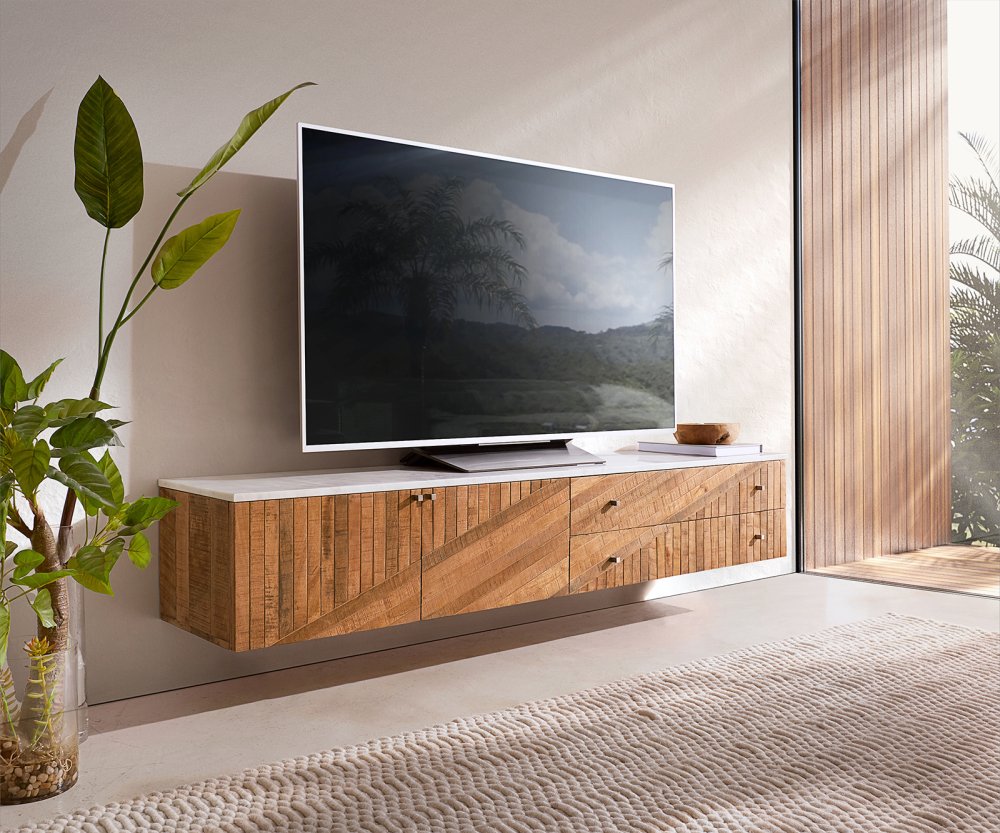 TV stolek Bahan 175 cm mango teak 2 dvířka 2 šuplíky mramor bílá