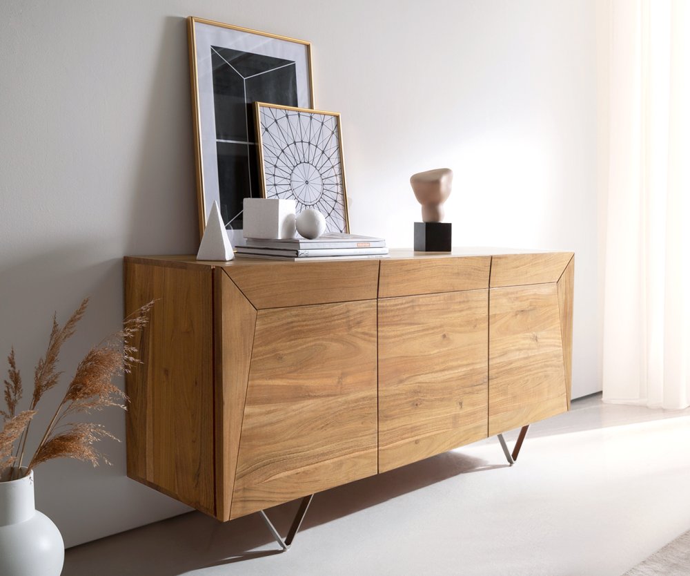 Komoda Kayu 145x40x70 cm prírodná akácia 3 dvierka podstavec v tvare V