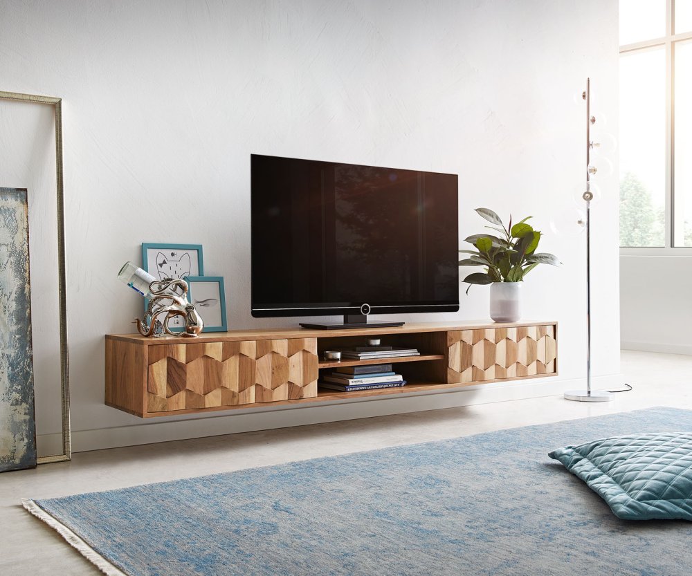 TV stolek Fevo 200 cm akácie přírodní 2 dvířka závěsné