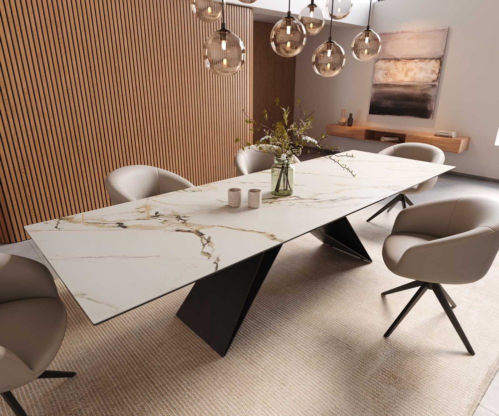 Jedálenský stôl Edge 300x100 keramický Calacatta Luxe bielo-zlato-šedý