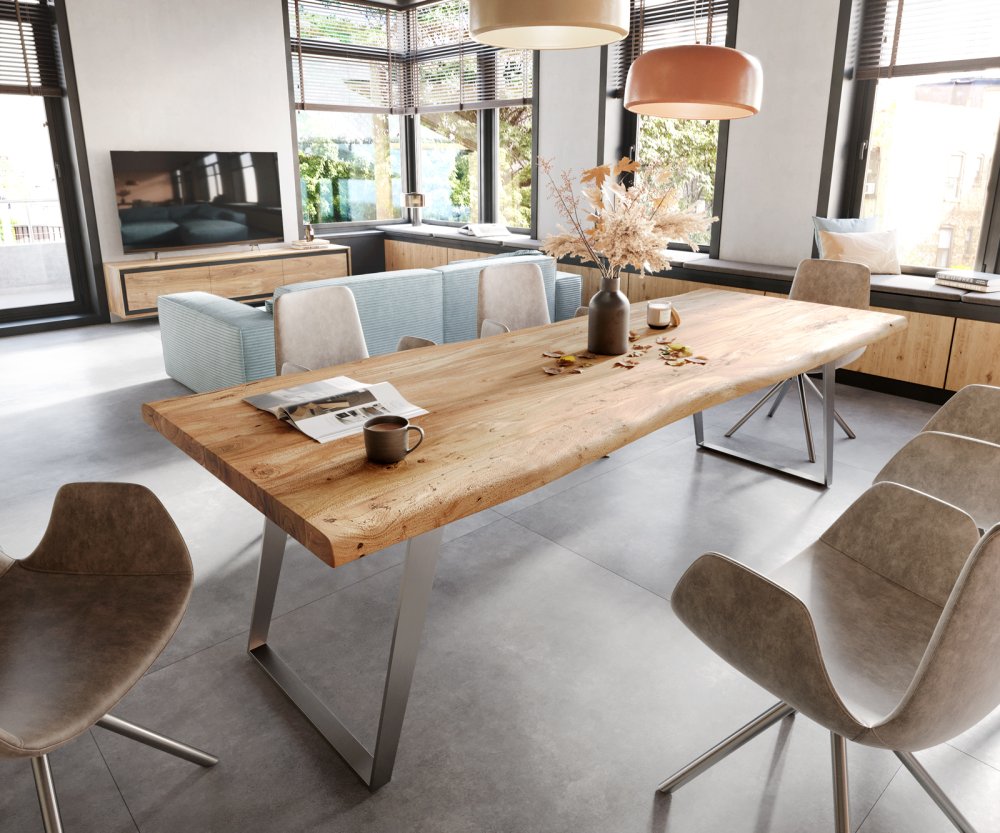 Jídelní stůl Edge 260x100cm XL akácie přírodní nerezová ocel