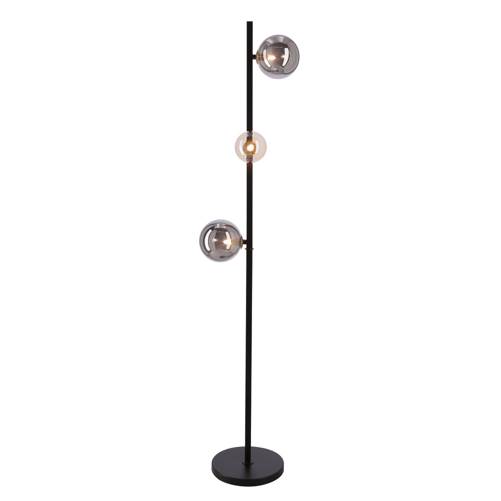 Stojacia lampa Kama 3x28W G9 čierno-zlatá, grafitové a jantárové tienidlá, elegantná stojaca lampa, moderný dizajn do obývačky