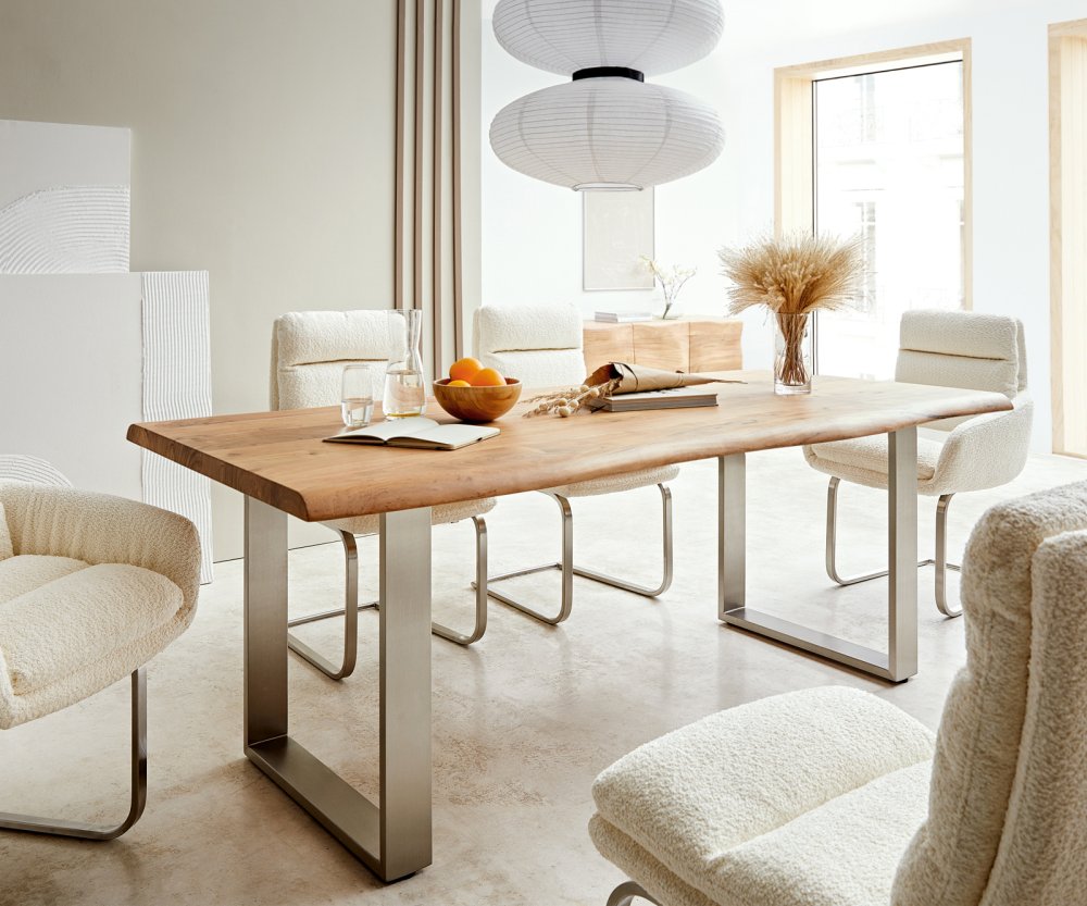 Jedálenský stôl Edge 200x100 XL akácia prírodná nerezová oceľ úzky