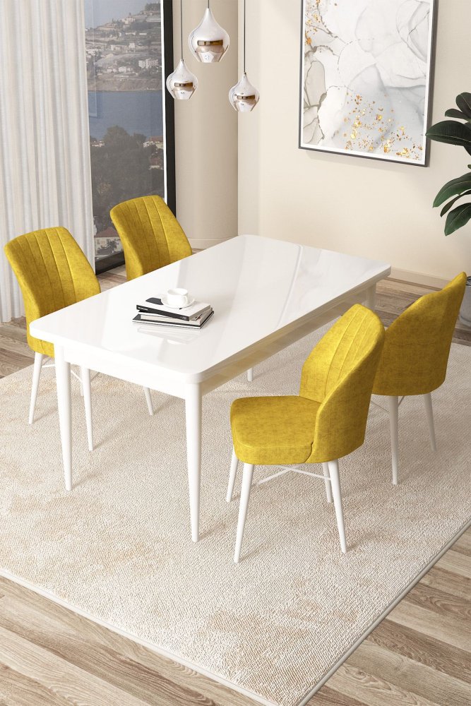 Dining Table & Chairs Set (5 Pieces) Arp - White, Mustard
