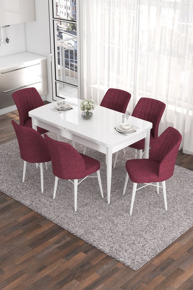 Extendable Dining Table & Chairs Set (7 Pieces) Eva - White, Burgundy