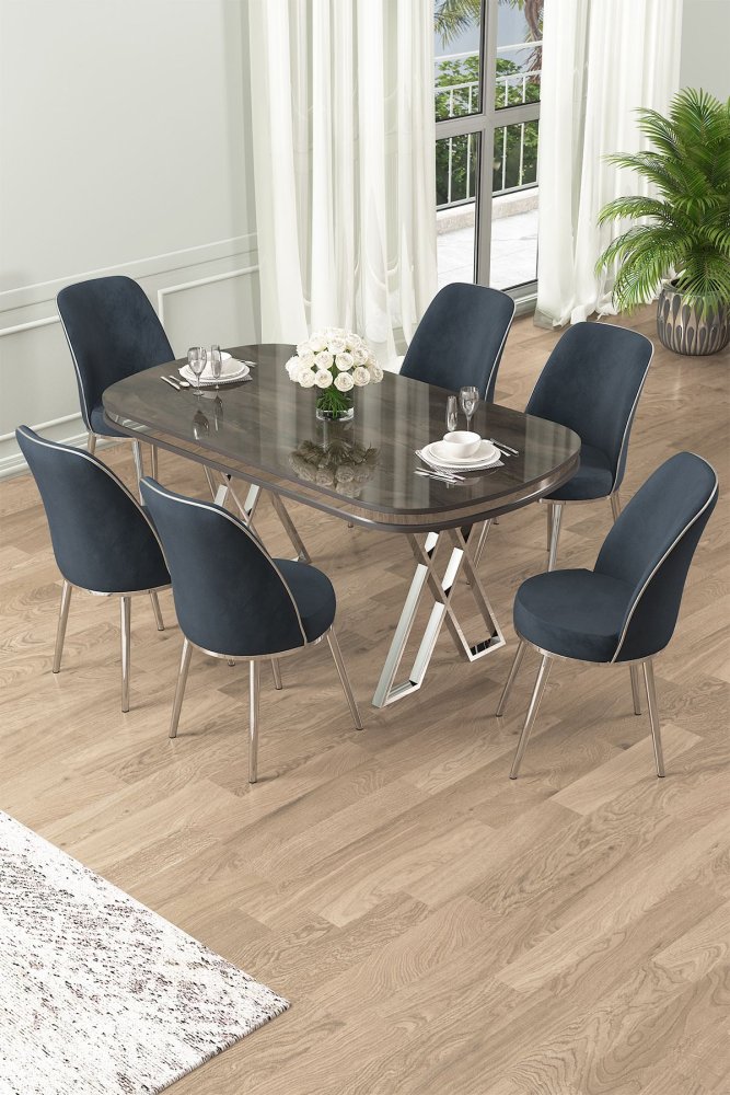 Dining Table & Chairs Set (7 Pieces) Lai - Anthracite, Chrome