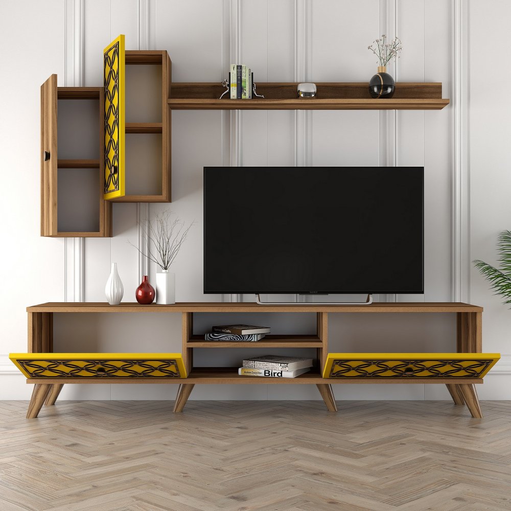 TV stěna / Sestava pod TV Class S - Walnut, Yellow (obrázek 5)