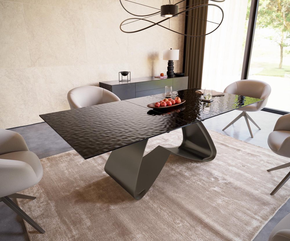 Jedálenský stôl Edge 180-220x100 reliéfne sklo dymovo čierne 3D dizajn