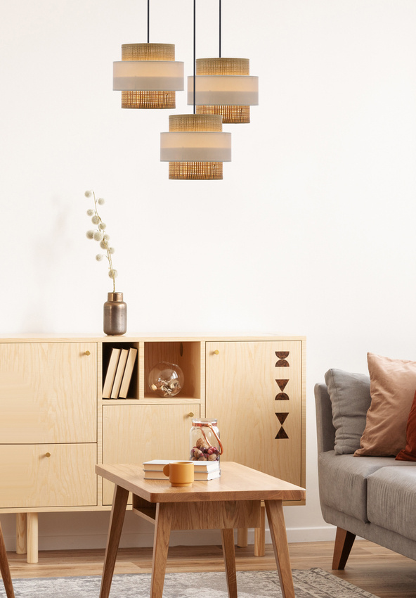 Závesná lampa z ratanu, čierna, tanier, 3x40w, tienidlo e27, biela+krémová