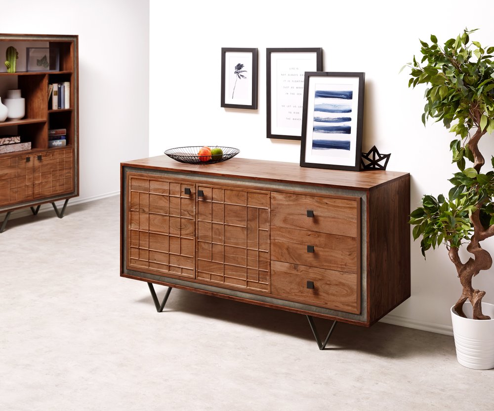 Komoda Stonegrace 150 cm Akácia hnedá 3D 2 dvierka 3 zásuvky Dno
