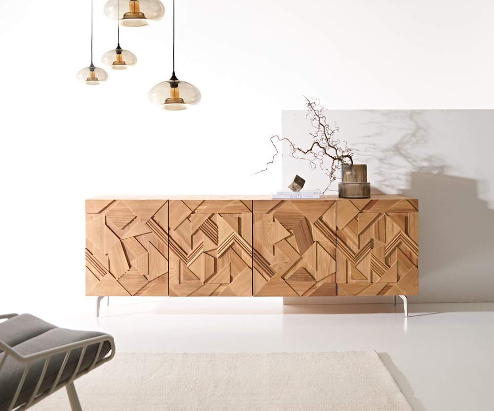 Příborník Dareios 200 cm jilm přírodní 3D efekt 4 dvířka šikmá