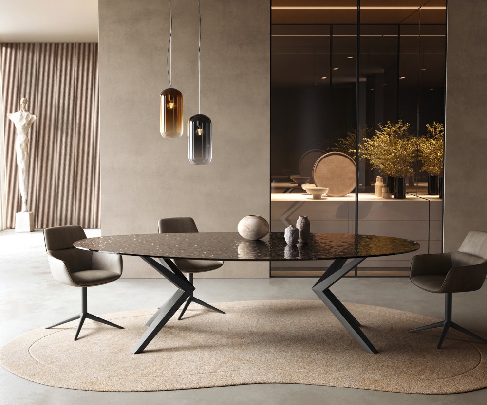 Jedálenský stôl Edge oválny 280x130 reliéfne sklo dymovo čierna 3D