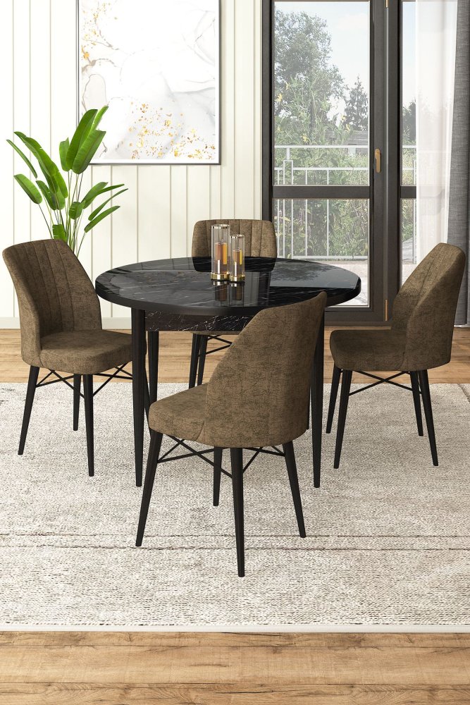 Dining Table & Chairs Set (5 Pieces) Rox - Black Marble, Brown