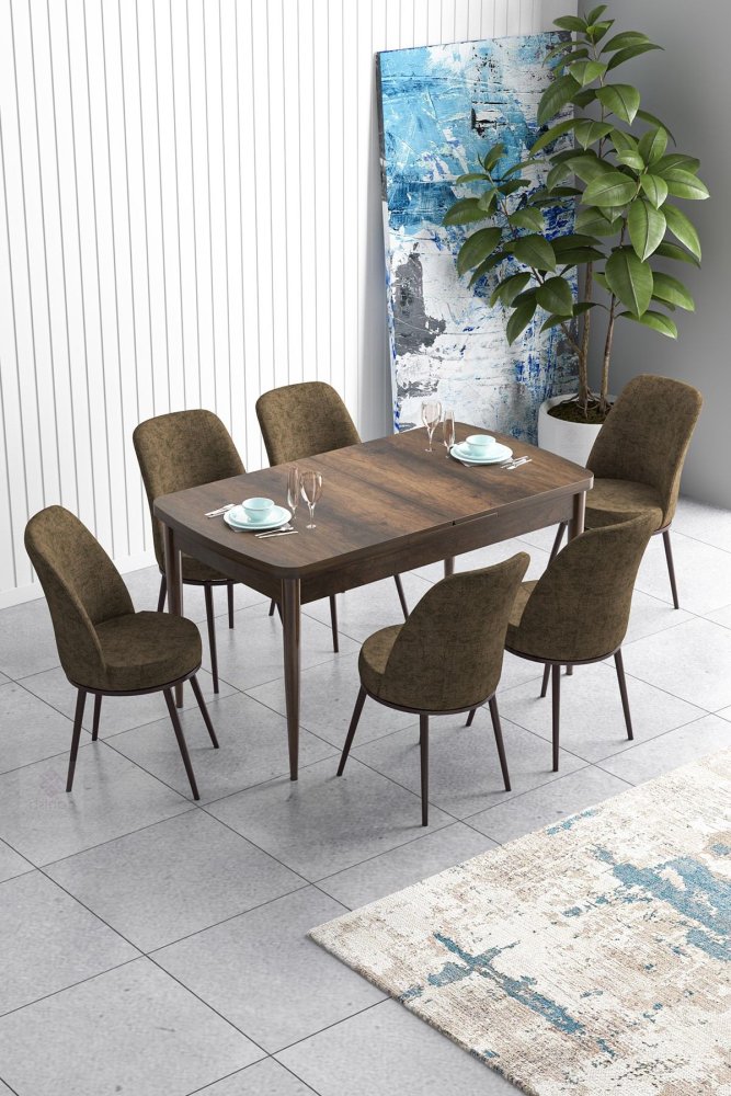 Extendable Dining Table & Chairs Set (7 Pieces) Han - Baroque, Brown
