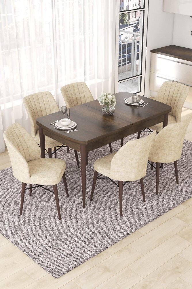 Extendable Dining Table & Chairs Set (7 Pieces) Nef - Baroque, Cream