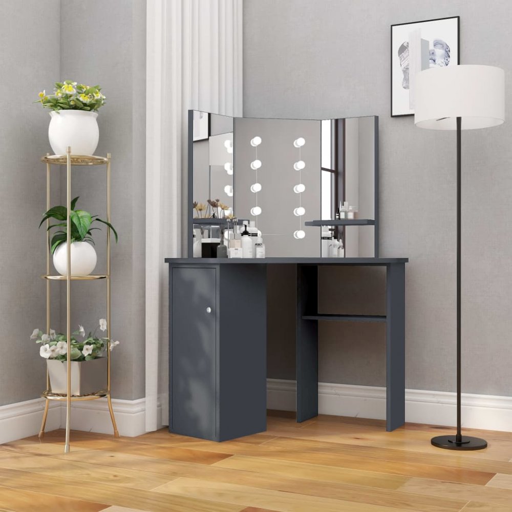 E-shop Rohový toaletný stolík s LED Dekorhome Tmavosivá