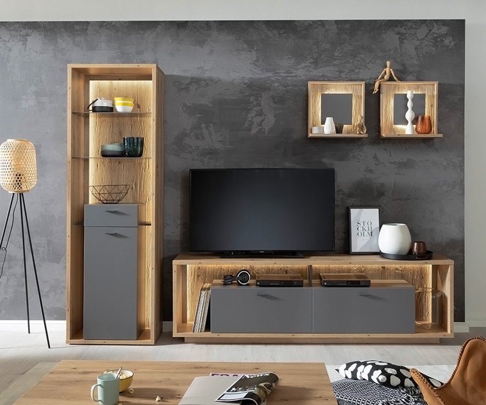 Nástenná polica Lome 45x20 cm dub sada 2 odkladacích priestorov LED
