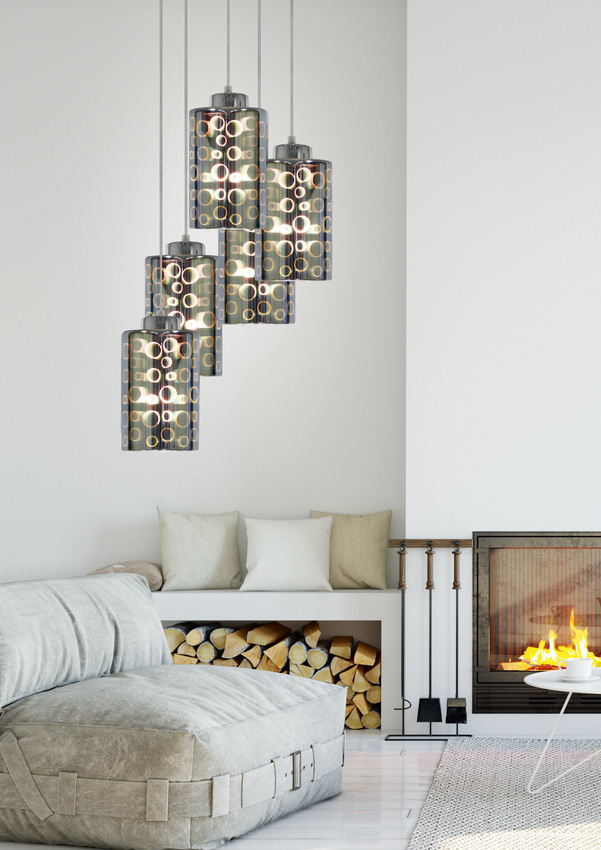 Závesná lampa s chrómovými tienidlami z dosky a skla 3D 5x40W Nocturno