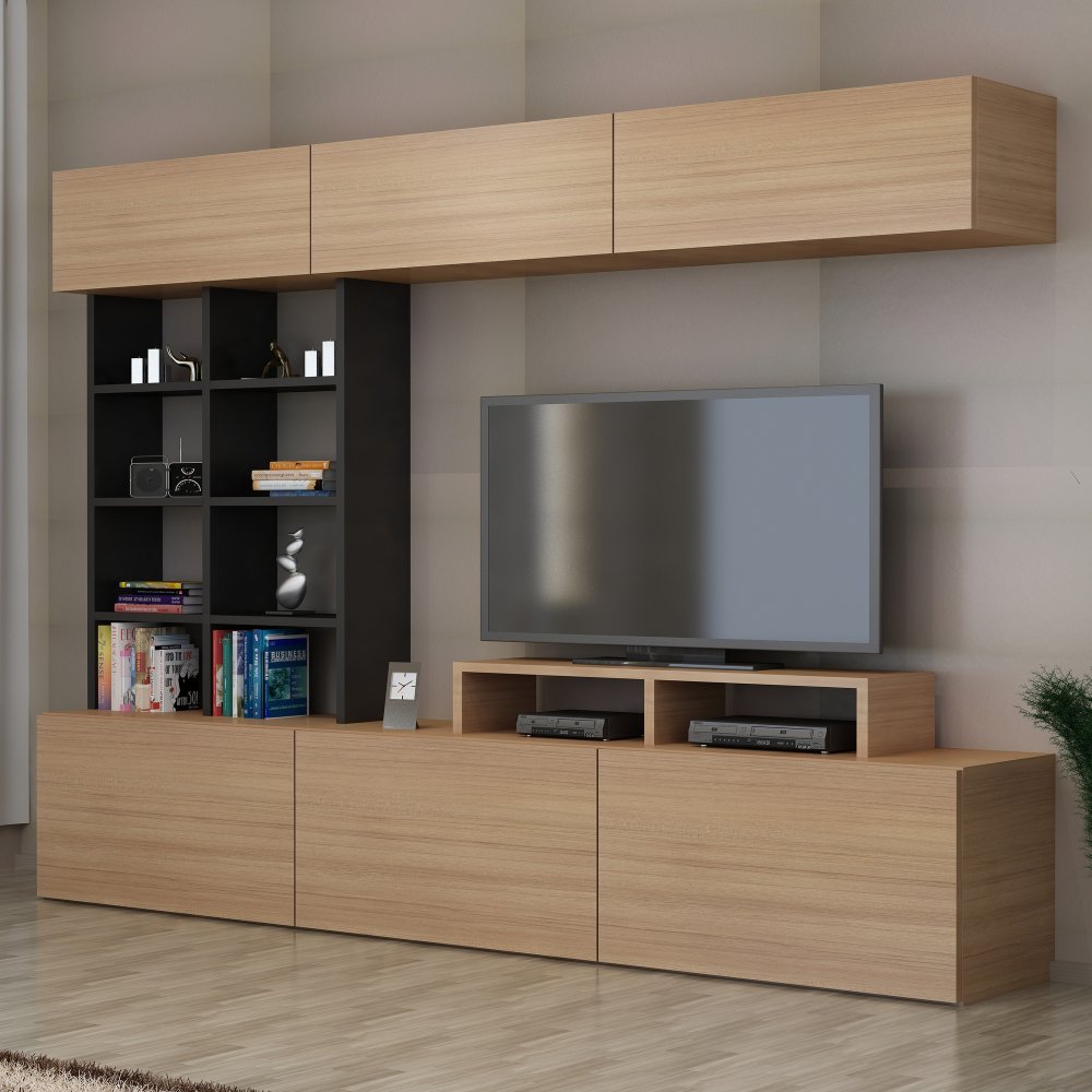 TV skrinka / Obývacia stena Sasa - Teak, Black