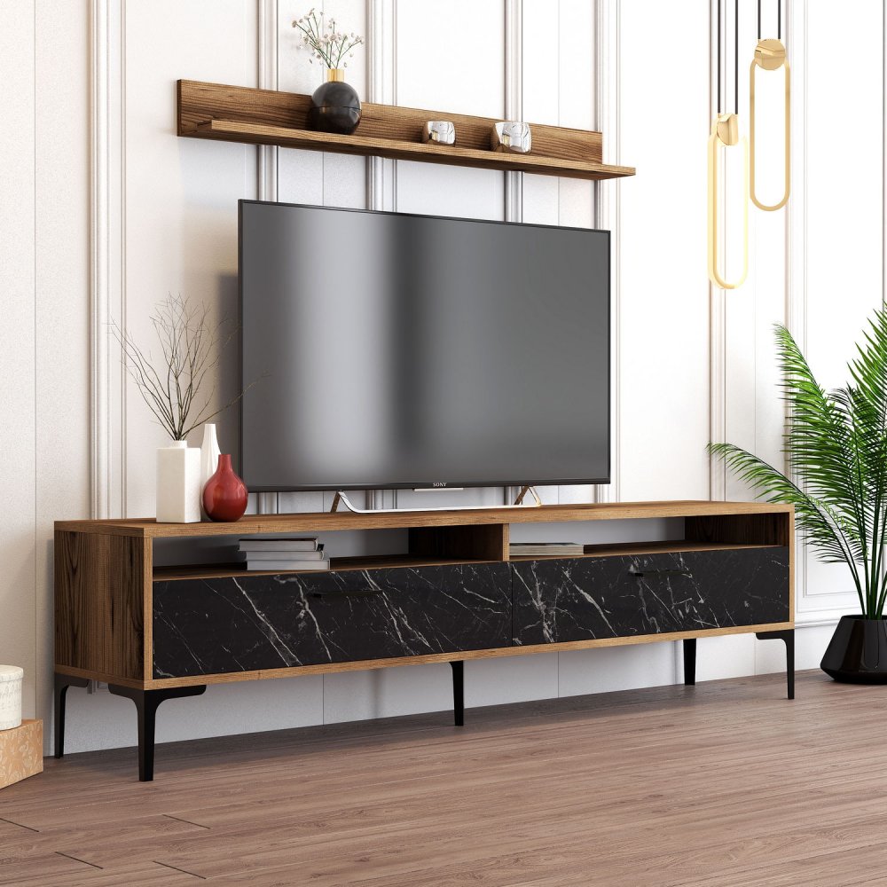 TV skrinka / Obývacia stena Istanbul - Walnut, Black Marble