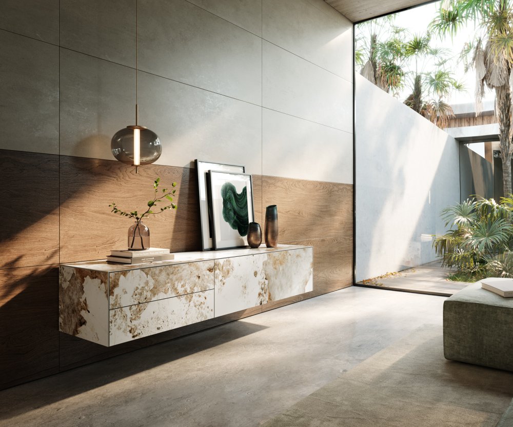 TV stolík Cuor 180 cm keramika Minas Melange bielo-béžová 1 výklopné