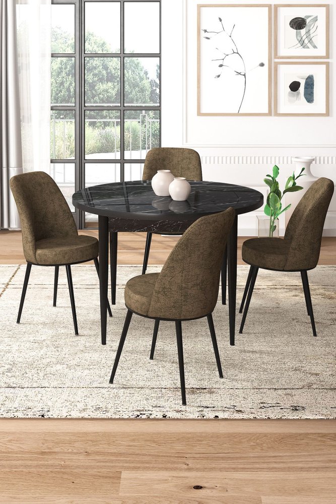 Dining Table & Chairs Set (5 Pieces) Tor - Black Marble, Brown