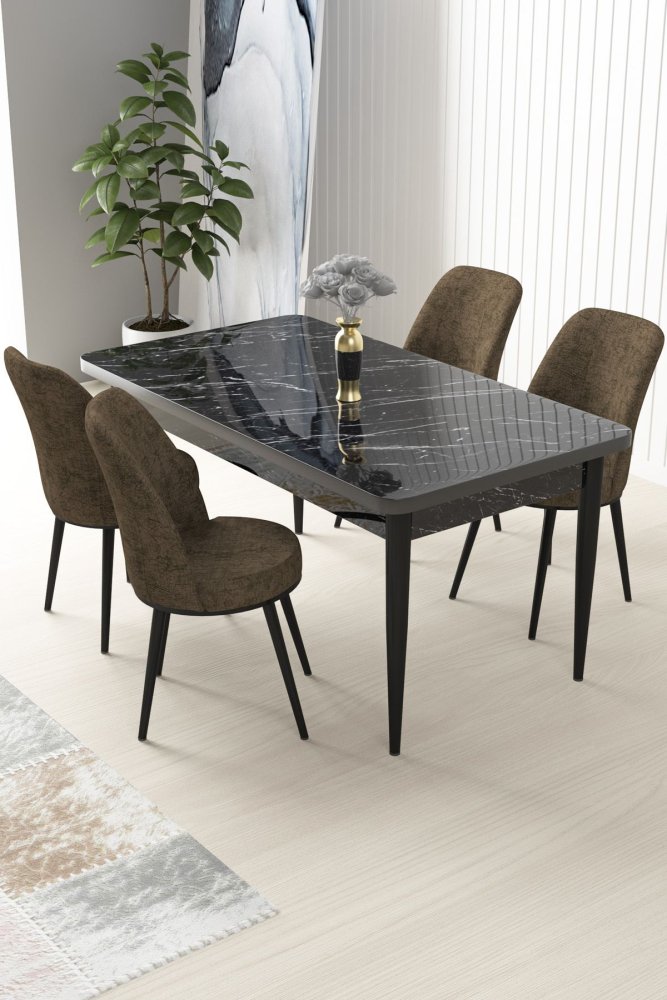 Dining Table & Chairs Set (5 Pieces) Nil - Black Marble, Brown