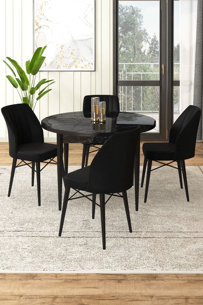 Dining Table & Chairs Set (5 Pieces) Rox - Black Marble, Black
