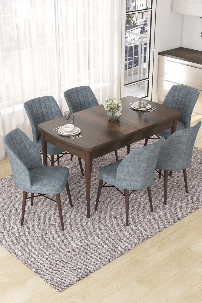 Extendable Dining Table & Chairs Set (7 Pieces) Nef - Baroque, Grey
