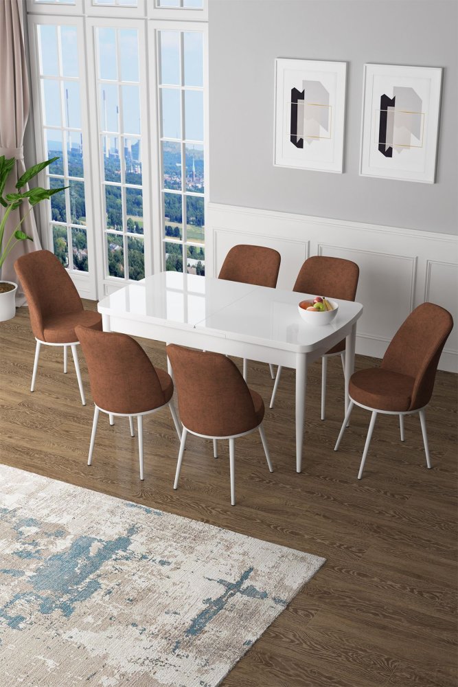 Extendable Dining Table & Chairs Set (7 Pieces) Zen - White, Tile Red
